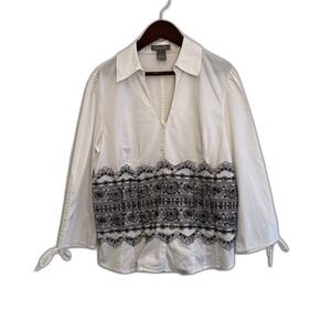 KENAR Collared Boho Poplin Shirt With Lace Beaded Band, White/Black- Large